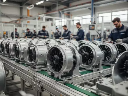 Moderne Fertigungshalle eines Ventilatorenspezialisten mit Industriekomponenten auf einer Montagelinie. - Foto: über boerse-global.de
