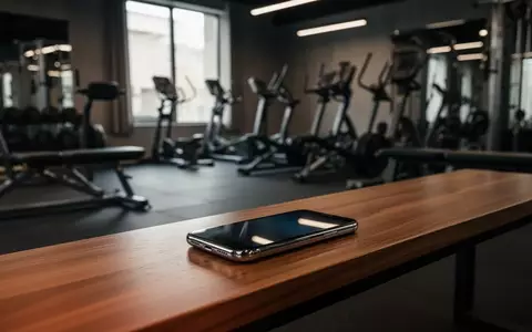 Ein Smartphone liegt auf einer Holzbank in einem modernen Fitnessstudio, im Hintergrund sind unscharfe Trainingsgeräte zu sehen. - Foto: über boerse-global.de