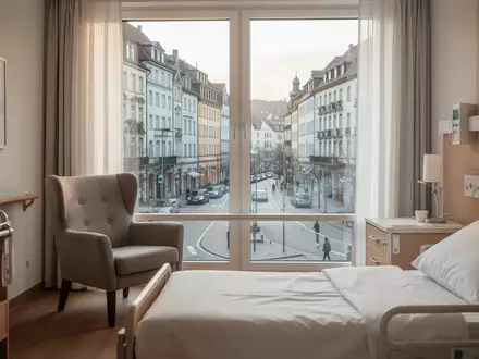 Ein helles, modernes Zimmer in einem Pflegeheim mit Blick auf eine deutsche Stadt bei natürlichem Tageslicht. - Foto: über boerse-global.de