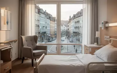 Ein helles, modernes Zimmer in einem Pflegeheim mit Blick auf eine deutsche Stadt bei natürlichem Tageslicht. - Foto: über boerse-global.de