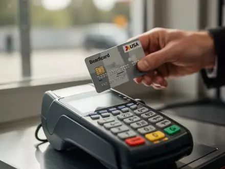 Eine Hand hält eine Bankkarte über ein Kartenlesegerät an einer Tankstellenkasse. - Foto: über boerse-global.de