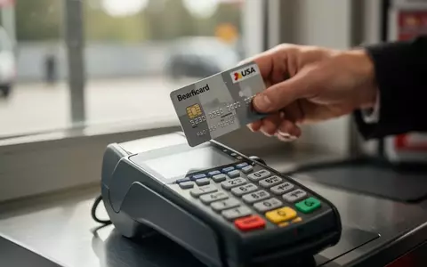 Eine Hand hält eine Bankkarte über ein Kartenlesegerät an einer Tankstellenkasse. - Foto: über boerse-global.de