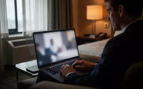 Eine Person arbeitet in einem Hotelzimmer an einem Laptop, während die Umgebung in natürliches, gedimmtes Licht getaucht ist. - Foto: über boerse-global.de