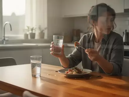 Eine Person sitzt an einem Esstisch und hält gleichzeitig ein Glas Wasser und eine Gabel mit Essen in der Hand. - Foto: über boerse-global.de