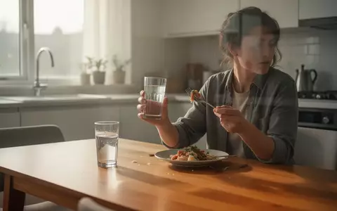 Eine Person sitzt an einem Esstisch und hält gleichzeitig ein Glas Wasser und eine Gabel mit Essen in der Hand. - Foto: über boerse-global.de