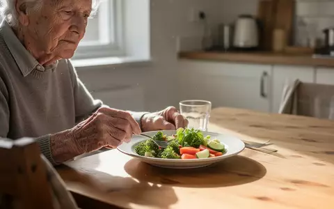 Ein älterer Mensch sitzt nachdenklich vor einer Mahlzeit an einem hellen Küchentisch in einer natürlichen Wohnumgebung. - Foto: über boerse-global.de
