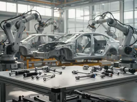 Moderne Produktionshalle der deutschen Automobilindustrie mit Fertigungsrobotern im Hintergrund und leerem Arbeitsplatz. - Foto: über boerse-global.de
