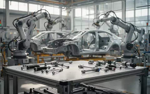 Moderne Produktionshalle der deutschen Automobilindustrie mit Fertigungsrobotern im Hintergrund und leerem Arbeitsplatz. - Foto: über boerse-global.de
