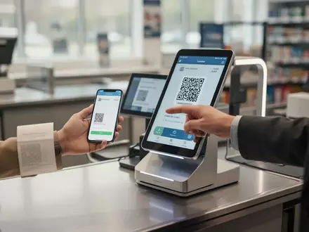 Ein Kunde scannt einen QR-Code auf einem modernen Kassendisplay mit seinem Smartphone in einem Einzelhandelsgeschäft. - Foto: über boerse-global.de