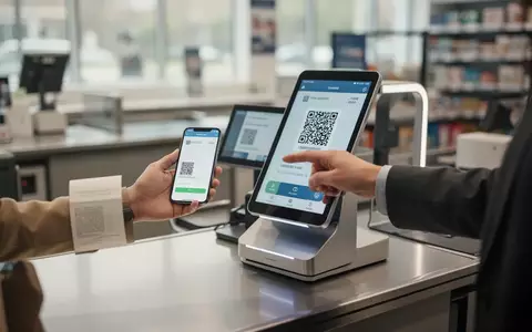 Ein Kunde scannt einen QR-Code auf einem modernen Kassendisplay mit seinem Smartphone in einem Einzelhandelsgeschäft. - Foto: über boerse-global.de