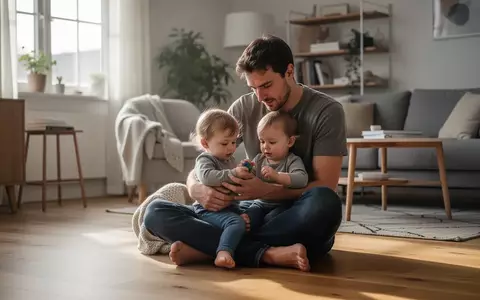 Ein junger Vater spielt liebevoll mit seinem Kleinkind in einem sonnendurchfluteten, modern eingerichteten Wohnzimmer. - Foto: über boerse-global.de