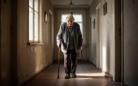 Eine ältere Person geht mit einem Gehstock durch einen schmalen, hellen Hausflur eines älteren Wohnhauses. - Foto: über boerse-global.de