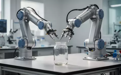 Ein hochmoderner Industrieroboterarm in einem Labor, der präzise einen Haushaltsgegenstand auf einer Werkbank manipuliert. - Foto: über boerse-global.de