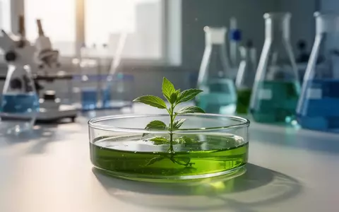Ein wissenschaftliches Labor mit einem Petrischälchen, das einen Pflanzenextrakt enthält, im Fokus vor verschwommenen Geräten. - Foto: über boerse-global.de