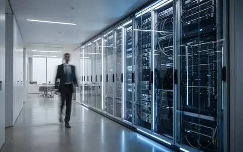 Modernes Bürointerieur mit Serverinfrastruktur und einem verschwommenen Geschäftsmann in einem hellen Flur. - Foto: über boerse-global.de