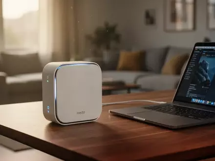 Ein moderner WLAN-Router steht auf einem Schreibtisch in einem hellen, wohnlichen Arbeitszimmer. - Foto: über boerse-global.de