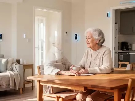 Eine ältere Frau sitzt in ihrer hellen, modern ausgestatteten Wohnung, die mit unauffälligen Sensoren für Sicherheit sorgt. - Foto: über boerse-global.de