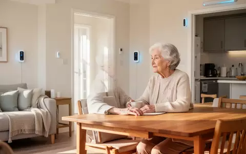 Eine ältere Frau sitzt in ihrer hellen, modern ausgestatteten Wohnung, die mit unauffälligen Sensoren für Sicherheit sorgt. - Foto: über boerse-global.de