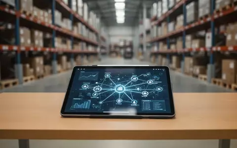 Ein Tablet mit einer Datenvisualisierung einer Lieferkette auf einem Schreibtisch in einem modernen Logistiklager. - Foto: über boerse-global.de