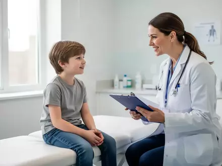 Ein Kinderarzt spricht in einer hellen, modernen Arztpraxis mit einem etwa zehnjährigen Kind bei einer Vorsorgeuntersuchung. - Foto: über boerse-global.de