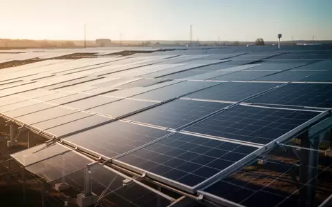 Reihen von modernen Solarmodulen auf einer großflächigen Anlage bei Sonnenuntergang. - Foto: über boerse-global.de
