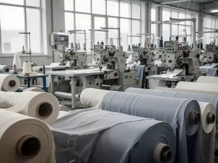 Moderne Produktionshalle der Textilindustrie mit Stoffrollen und Industriemaschinen bei natürlichem Tageslicht. - Foto: über boerse-global.de