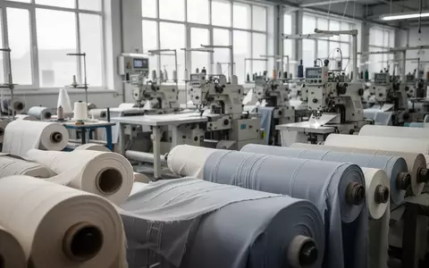 Moderne Produktionshalle der Textilindustrie mit Stoffrollen und Industriemaschinen bei natürlichem Tageslicht. - Foto: über boerse-global.de
