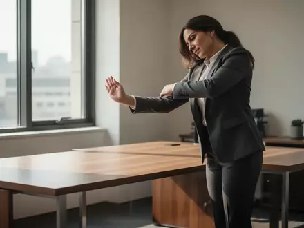 Eine Person führt in einem modernen Büro eine Dehnübung neben einem Schreibtisch aus. - Foto: über boerse-global.de