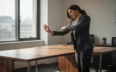 Eine Person führt in einem modernen Büro eine Dehnübung neben einem Schreibtisch aus. - Foto: über boerse-global.de