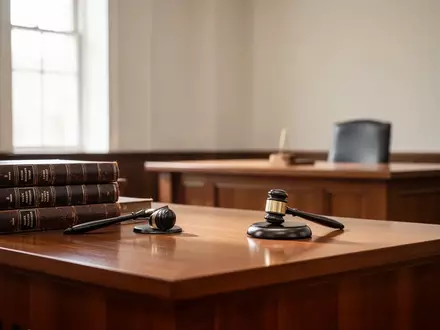 Ein minimalistischer Gerichtssaal mit einem hölzernen Richtertisch, Gesetzbüchern und einem Hammer in einer ruhigen Umgebung. - Foto: über boerse-global.de
