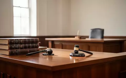 Ein minimalistischer Gerichtssaal mit einem hölzernen Richtertisch, Gesetzbüchern und einem Hammer in einer ruhigen Umgebung. - Foto: über boerse-global.de
