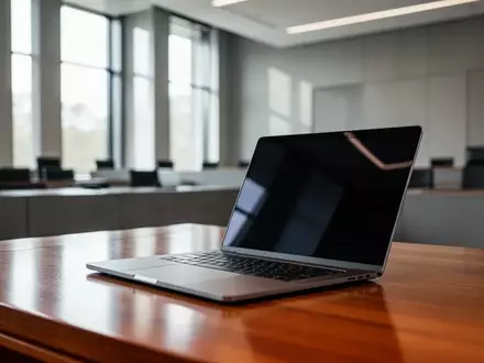 Ein moderner, heller Gerichtssaal mit einem Laptop auf einem Holztisch als Symbol für die Digitalisierung der Justiz. - Foto: über boerse-global.de
