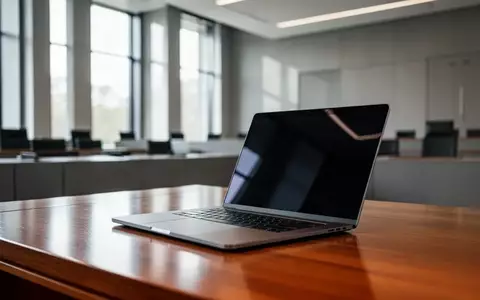 Ein moderner, heller Gerichtssaal mit einem Laptop auf einem Holztisch als Symbol für die Digitalisierung der Justiz. - Foto: über boerse-global.de