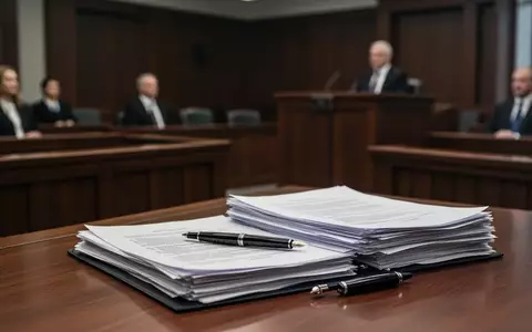 Ein Gerichtssaal mit Anwaltsunterlagen auf einem Tisch im Vordergrund und unscharfen Juristen im Hintergrund. - Foto: über boerse-global.de