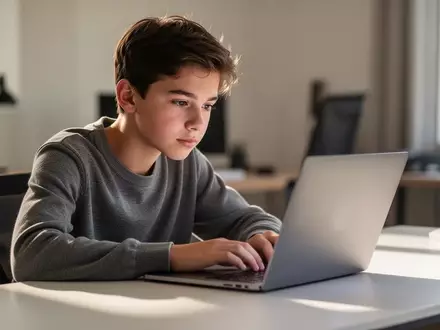Ein Jugendlicher sitzt konzentriert vor einem Laptop in einem hellen, modern eingerichteten Zimmer. - Foto: über boerse-global.de
