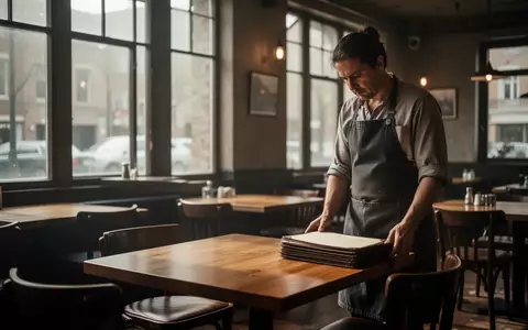 Ein leerer Gastraum in einem Restaurant mit einem nachdenklichen Mitarbeiter, der die wirtschaftliche Anspannung symbolisiert. - Foto: über boerse-global.de
