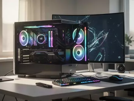 Ein moderner, aufgeräumter Schreibtisch mit einem Gaming-PC und einem gewölbten Monitor in einem hellen Arbeitszimmer. - Foto: über boerse-global.de