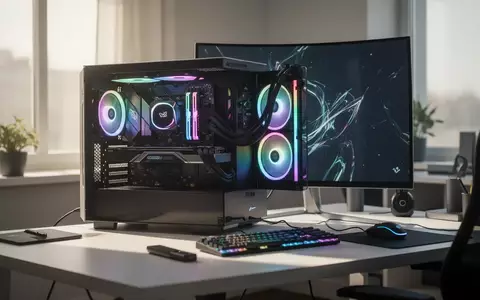 Ein moderner, aufgeräumter Schreibtisch mit einem Gaming-PC und einem gewölbten Monitor in einem hellen Arbeitszimmer. - Foto: über boerse-global.de