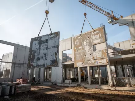 Bauarbeiter montieren gebrauchte Betonplatten bei einem nachhaltigen Erweiterungsbau auf einer Baustelle in Kolkwitz. - Foto: über boerse-global.de