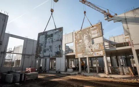 Bauarbeiter montieren gebrauchte Betonplatten bei einem nachhaltigen Erweiterungsbau auf einer Baustelle in Kolkwitz. - Foto: über boerse-global.de