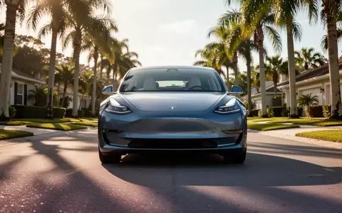 Ein modernes Elektroauto steht an einem sonnigen Tag an einer Straße in Florida, umgeben von Palmen. - Foto: über boerse-global.de