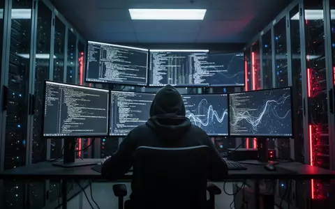 Eine anonyme Person arbeitet in einem schwach beleuchteten Serverraum an mehreren Bildschirmen mit komplexen Datenströmen. - Foto: über boerse-global.de