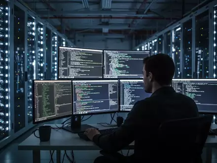 Ein Cybersicherheitsexperte überwacht komplexe Server-Datenströme in einem hochmodernen Rechenzentrum bei Nacht. - Foto: über boerse-global.de