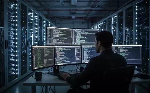 Ein Cybersicherheitsexperte überwacht komplexe Server-Datenströme in einem hochmodernen Rechenzentrum bei Nacht. - Foto: über boerse-global.de