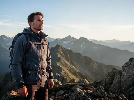 Führungskraft in professioneller Outdoor-Kleidung auf einem Berggipfel, die mit ruhigem Blick in die Ferne schaut. - Foto: über boerse-global.de