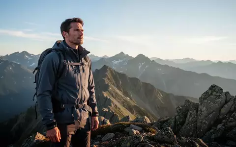 Führungskraft in professioneller Outdoor-Kleidung auf einem Berggipfel, die mit ruhigem Blick in die Ferne schaut. - Foto: über boerse-global.de