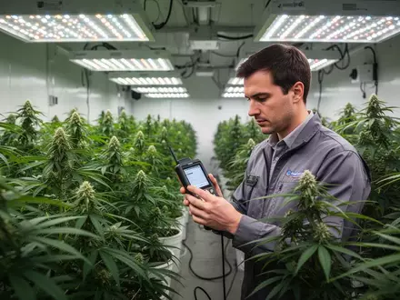 Ein Mitarbeiter in einer modernen, professionellen Cannabis-Anbauanlage bei der Qualitätskontrolle der Pflanzen. - Foto: über boerse-global.de