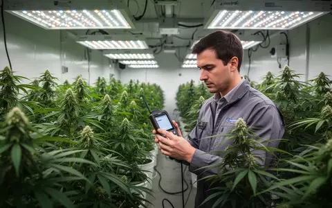 Ein Mitarbeiter in einer modernen, professionellen Cannabis-Anbauanlage bei der Qualitätskontrolle der Pflanzen. - Foto: über boerse-global.de