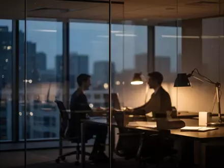 Ein moderner, menschenleerer Büroarbeitsplatz in den Abendstunden mit gedimmtem Licht und einer Glaswand im Hintergrund. - Foto: über boerse-global.de