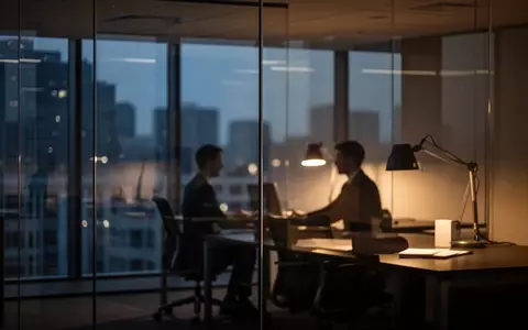 Ein moderner, menschenleerer Büroarbeitsplatz in den Abendstunden mit gedimmtem Licht und einer Glaswand im Hintergrund. - Foto: über boerse-global.de
